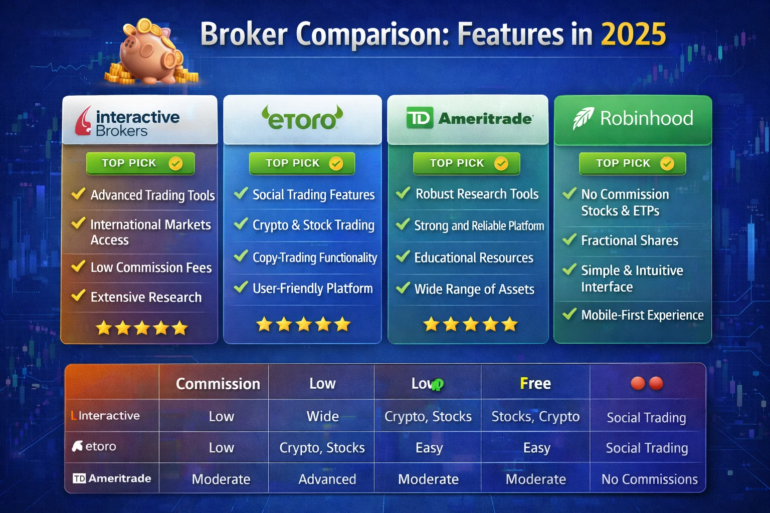 Broker comparison chart 2025 - visual comparison of top financial services by features, fees, and user ratings