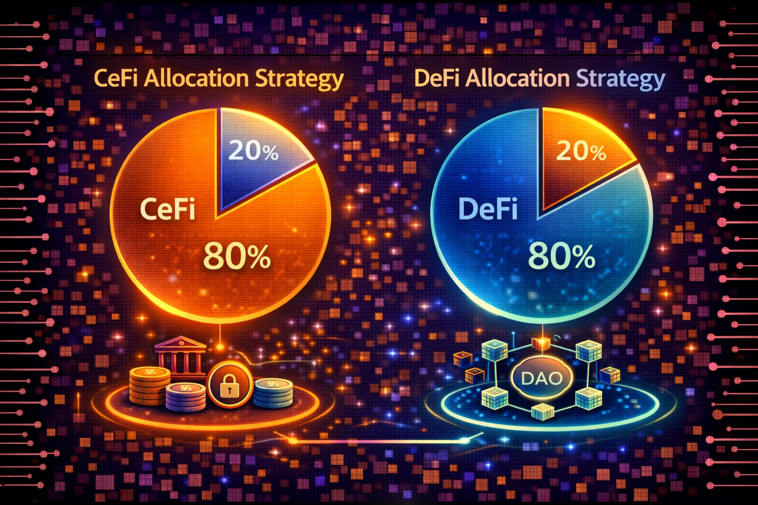 Three pie charts showing conservative, balanced, and aggressive CeFi-DeFi portfolio allocations