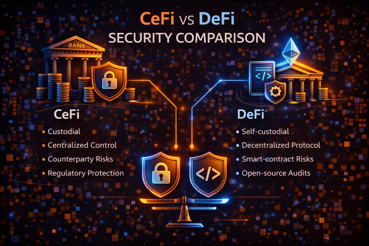 Comprehensive comparison chart of CeFi vs DeFi security features, risks, and protection mechanisms