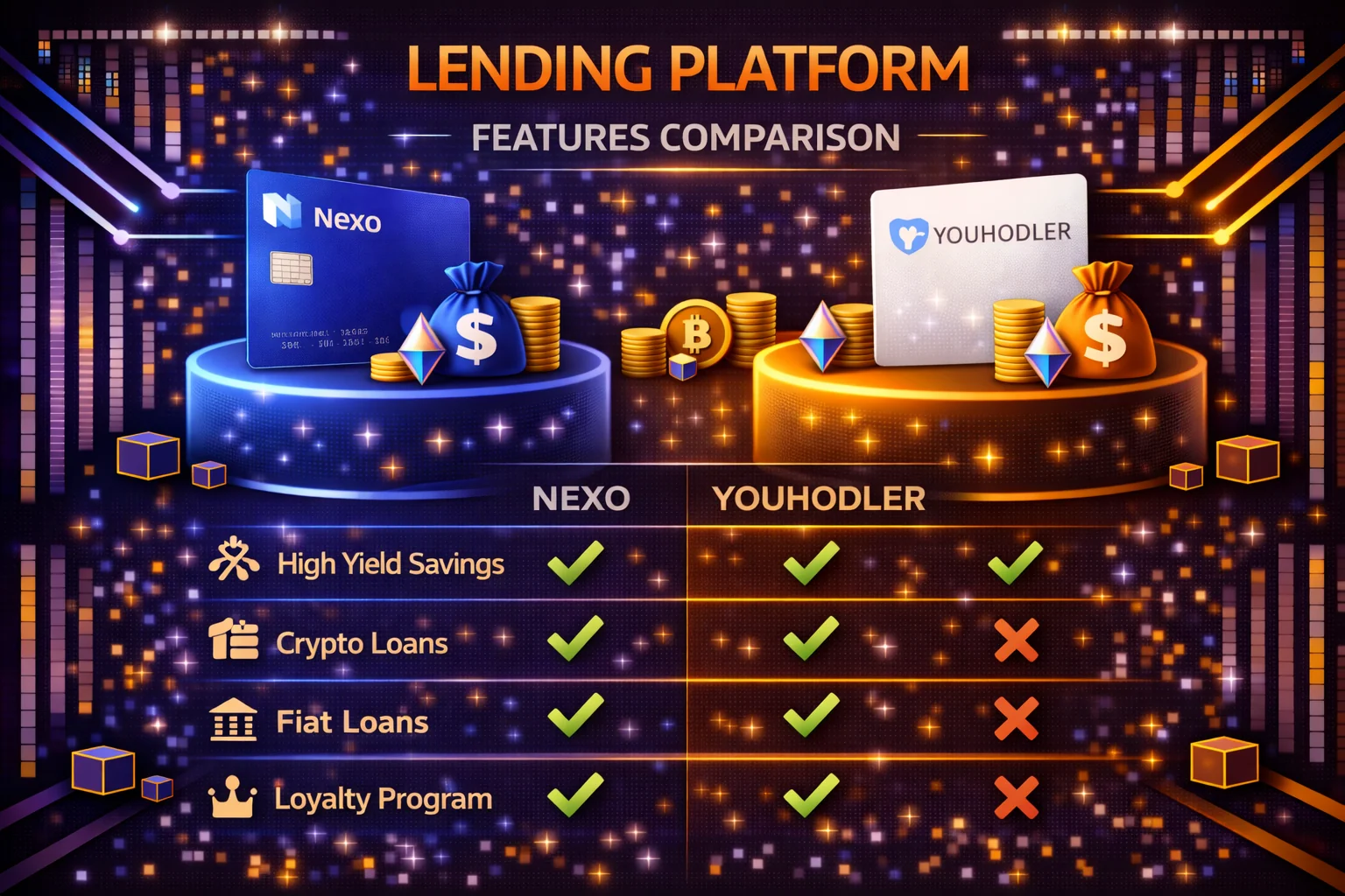 Lending platform features comparison showing Nexo vs YouHodler services