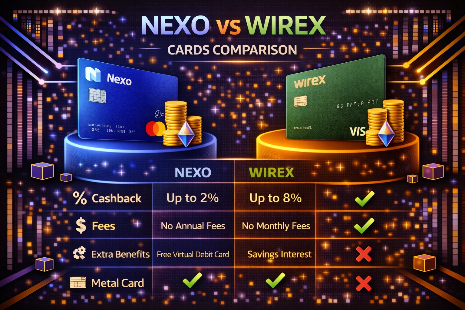 Nexo vs Wirex crypto cards comparison chart showing rewards, fees, and features