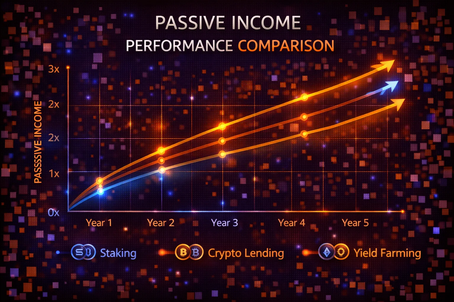 Performance comparison chart showing monthly returns and risk metrics for three crypto passive income portfolios