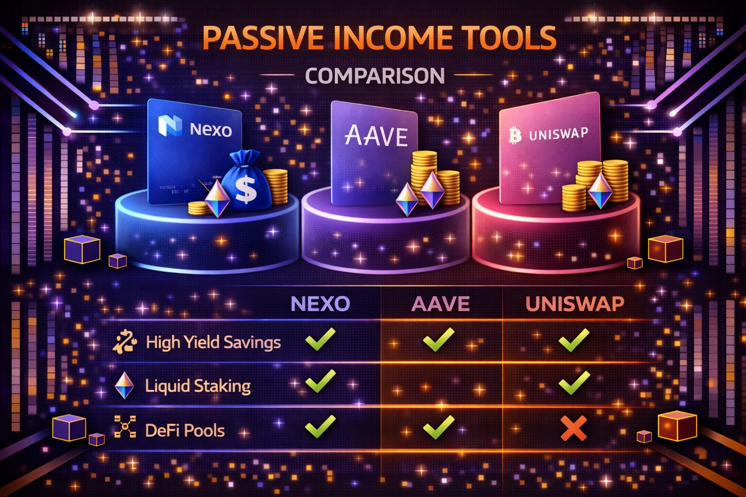 Passive income crypto tools comparison chart showing yields, risks, and features