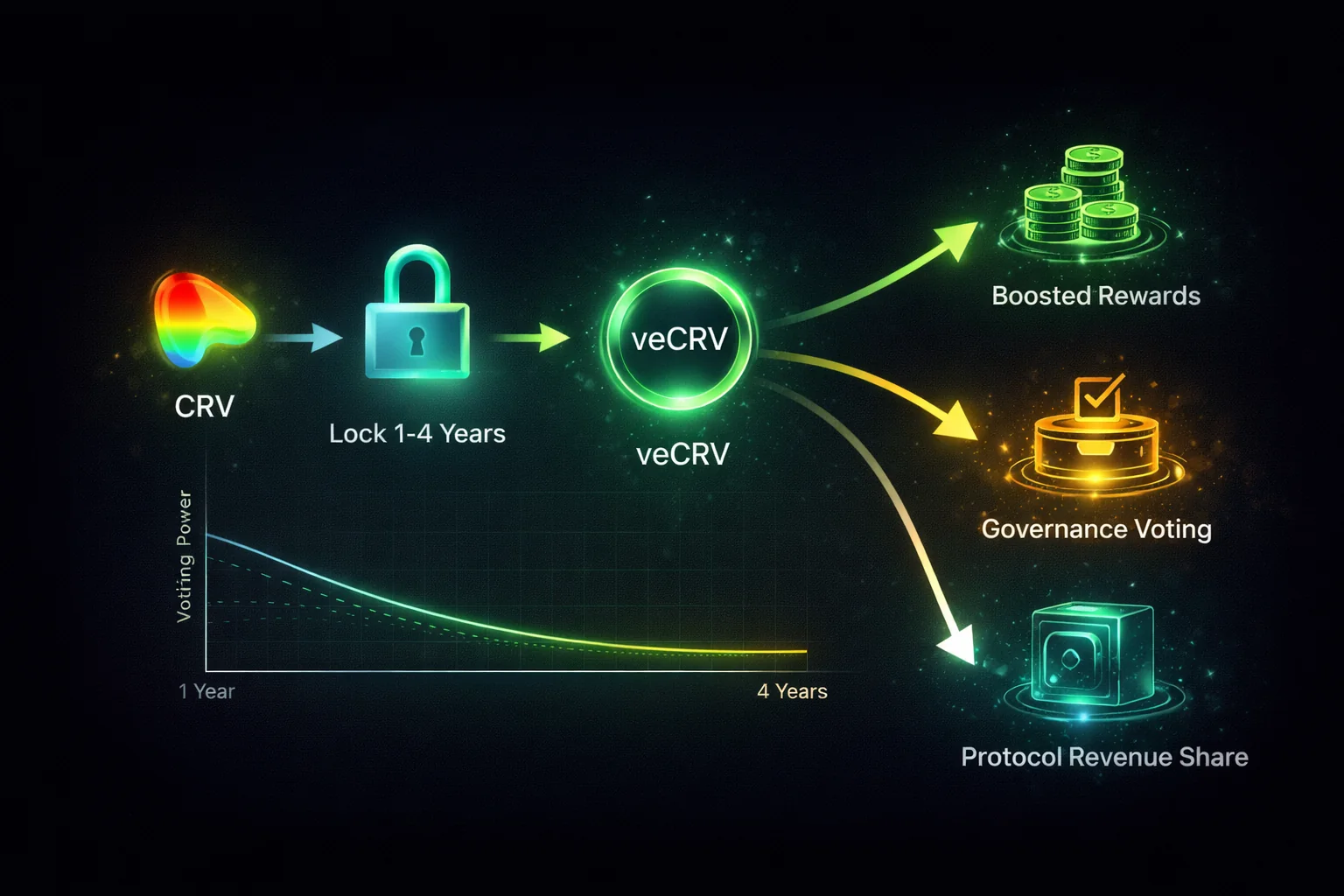 Vote-escrow tokenomics comparing veCRV, vePENDLE, and veBAL lock periods with voting power decay and boosted rewards