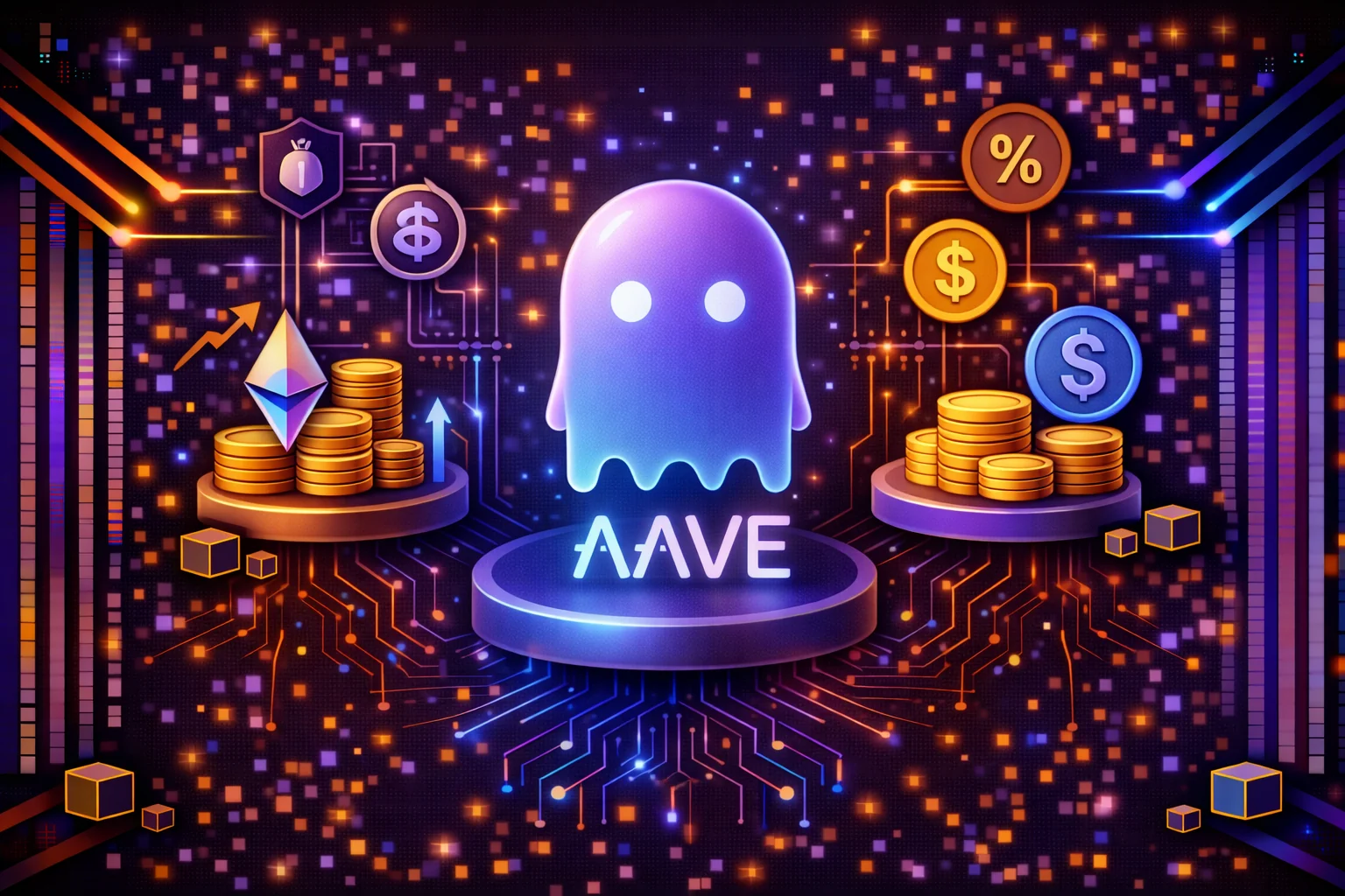 Aave DeFi lending protocol interface showing lending pools, yield opportunities, and governance features