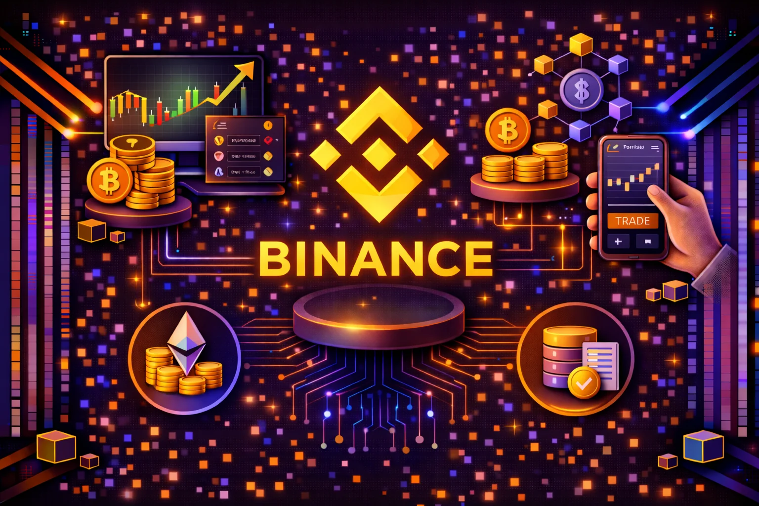 Binance cryptocurrency exchange interface showing trading pairs, charts, and platform features