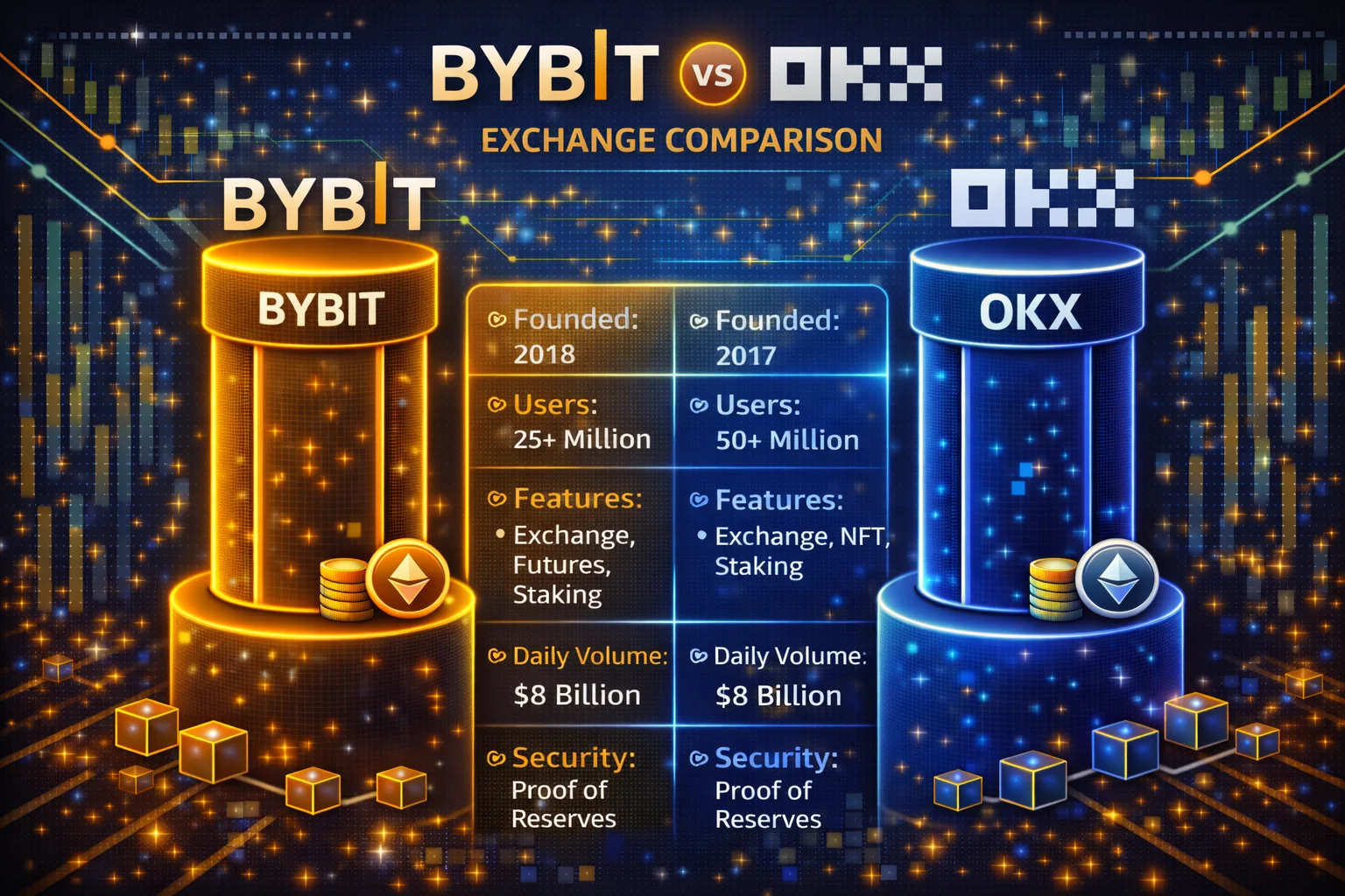 Bybit vs OKX cryptocurrency exchange comparison showing trading capabilities and fees