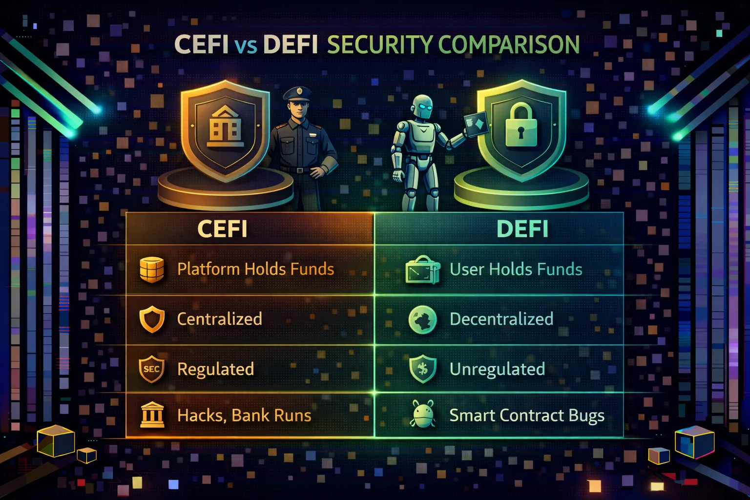 Security comparison between CeFi and DeFi borrowing showing custody models and risk factors