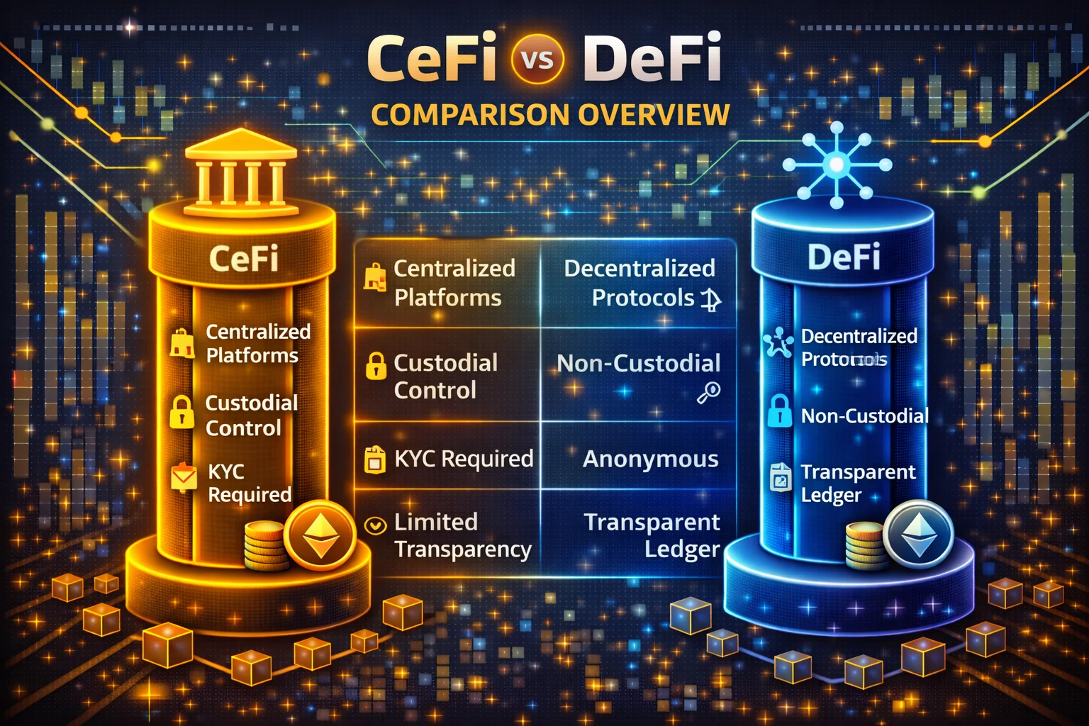 custodial finance vs decentralised comparison showing key differences in security, control, and yields