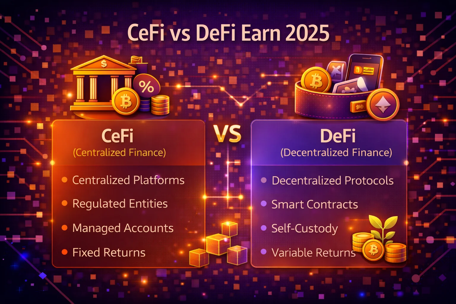 Comprehensive comparison of CeFi and DeFi earning strategies showing yields, risks, and platform differences