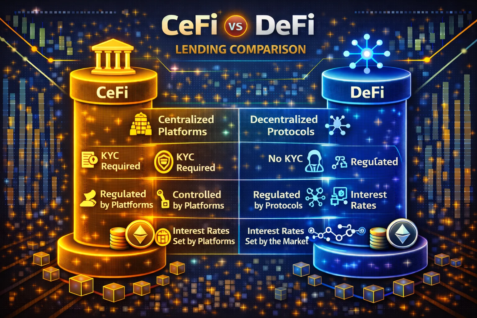 CeFi vs DeFi lending comparison chart showing capabilities, risks, and yields
