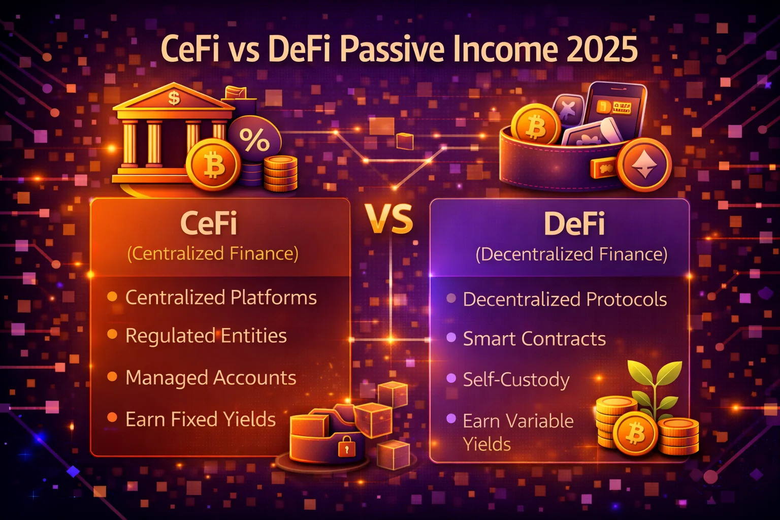  Comparison of CeFi and DeFi passive income strategies showing platforms, yields, and risk factors