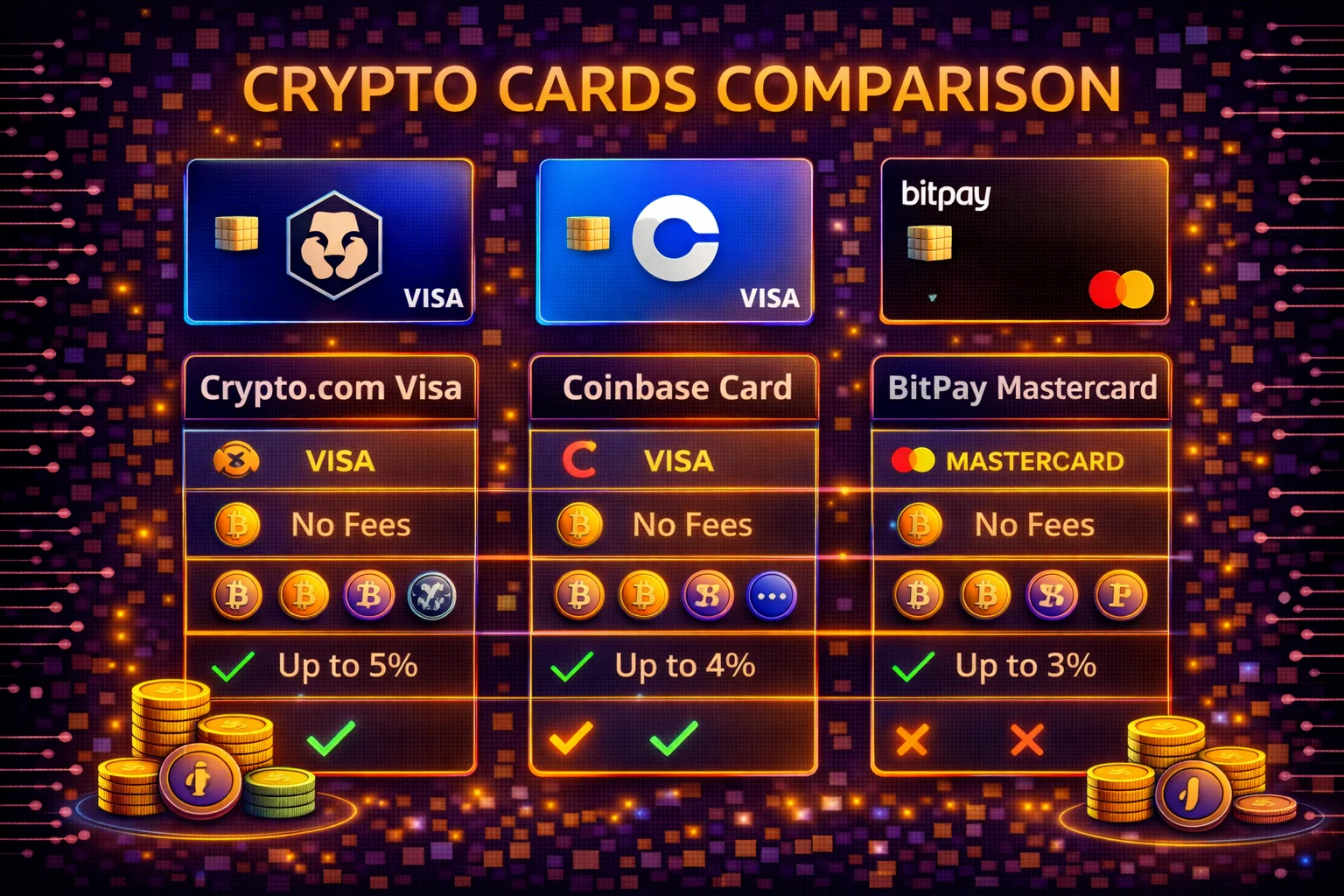 Detailed comparison of top crypto debit cards showing rewards, fees, and features