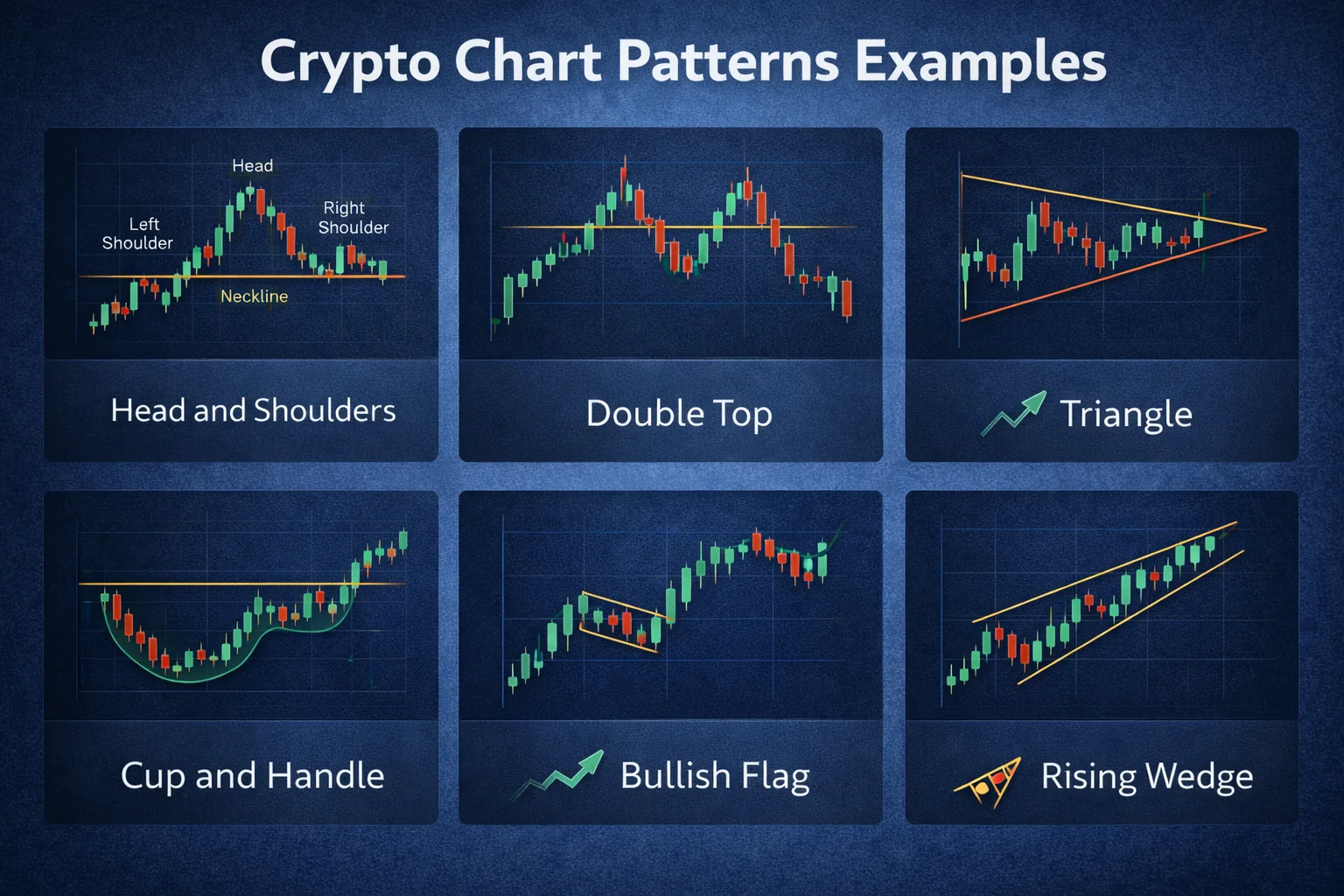 Common cryptocurrency chart patterns including head and shoulders, triangles, and flags