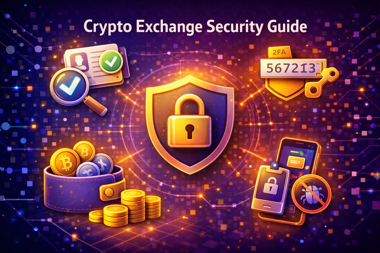 Comprehensive security guide for cryptocurrency exchanges showing 2FA, cold storage, and protection measures