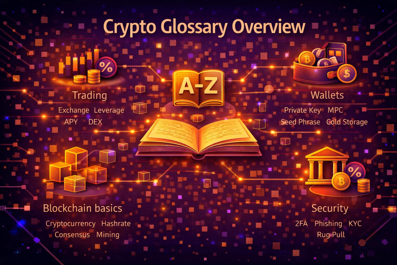 Cryptocurrency glossary overview showing key terms, concepts, and definitions for beginners and advanced users