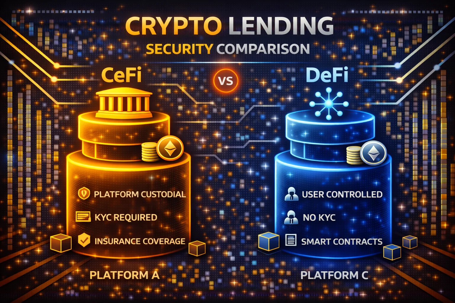 Security features comparison across crypto lending platforms showing insurance coverage and regulatory status