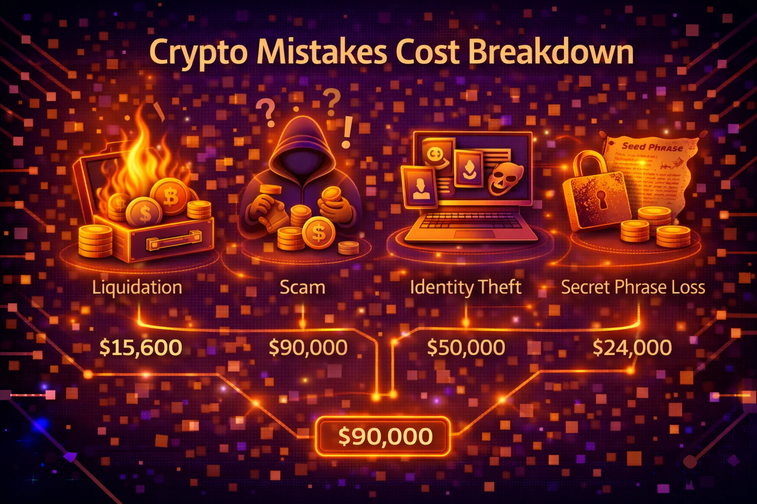 Cryptocurrency losses breakdown showing scams, lost keys, and exchange hacks statistics