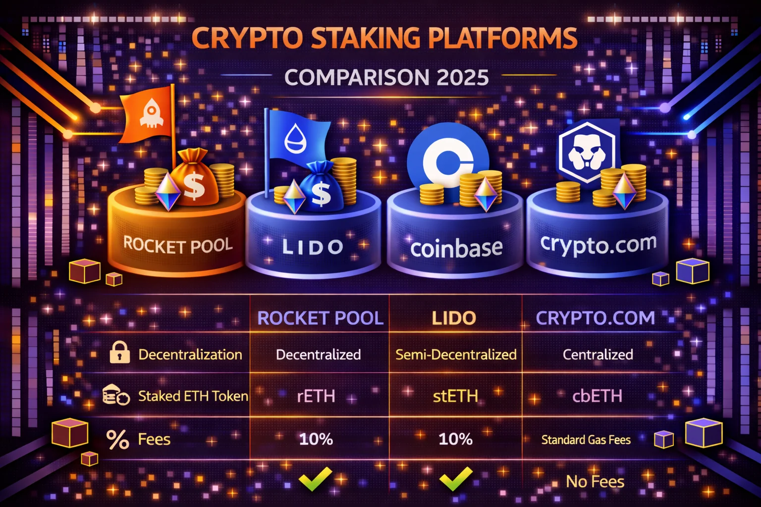 Crypto staking platforms comparison showing APY rates, supported assets, and platform features for 2025