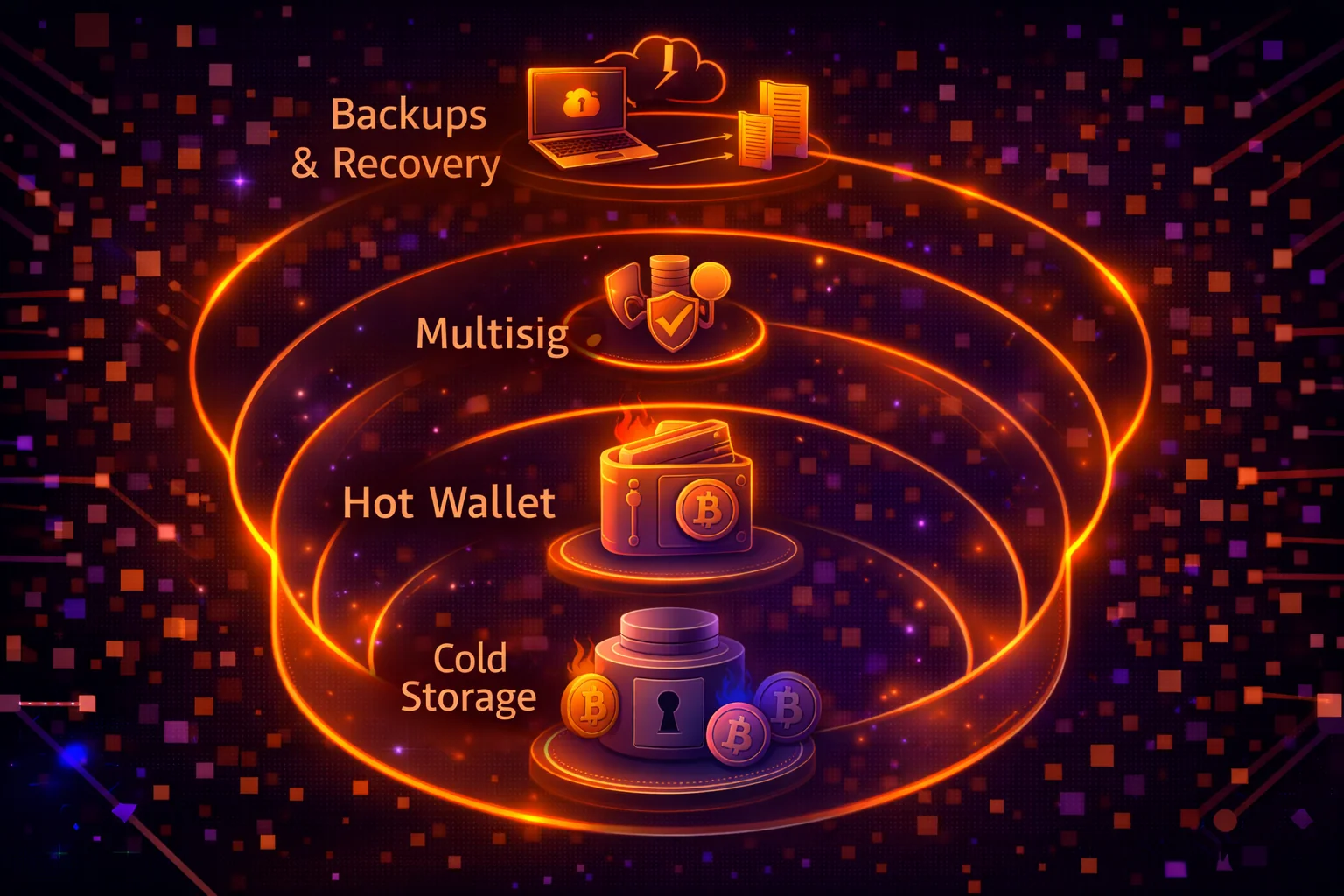 Diagram showing layers of crypto storage security from private keys to hardware wallets