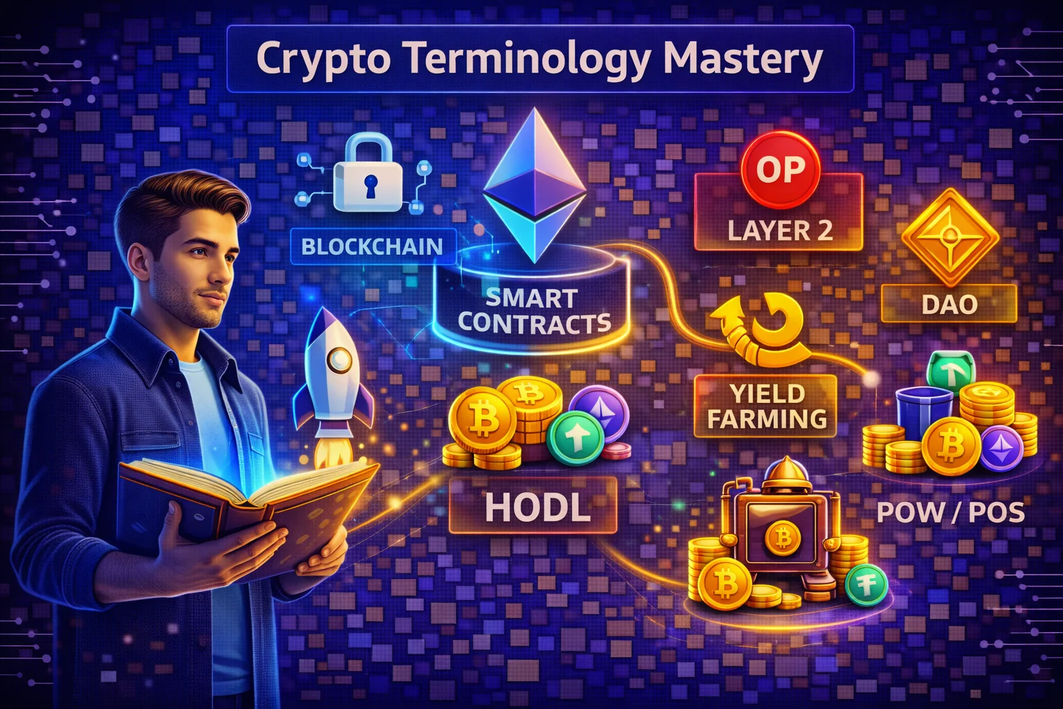 Cryptocurrency terminology mastery showing progression from beginner to advanced concepts and practical applications