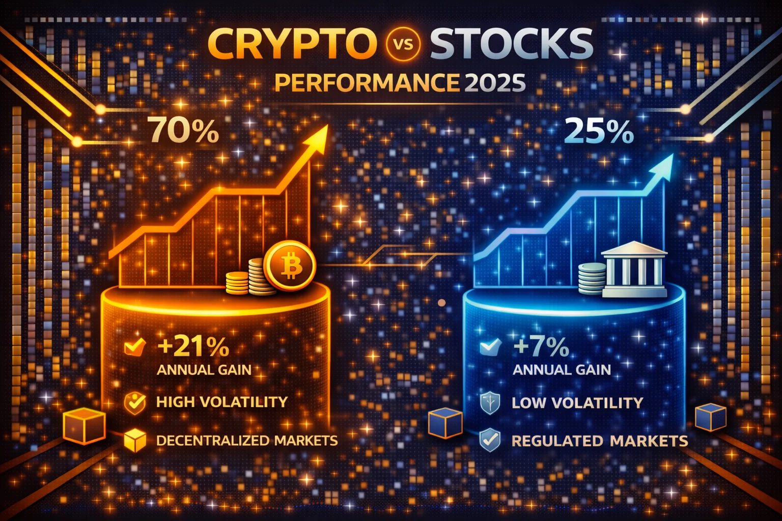  Performance comparison chart showing cryptocurrency vs stock market returns over 10-year period