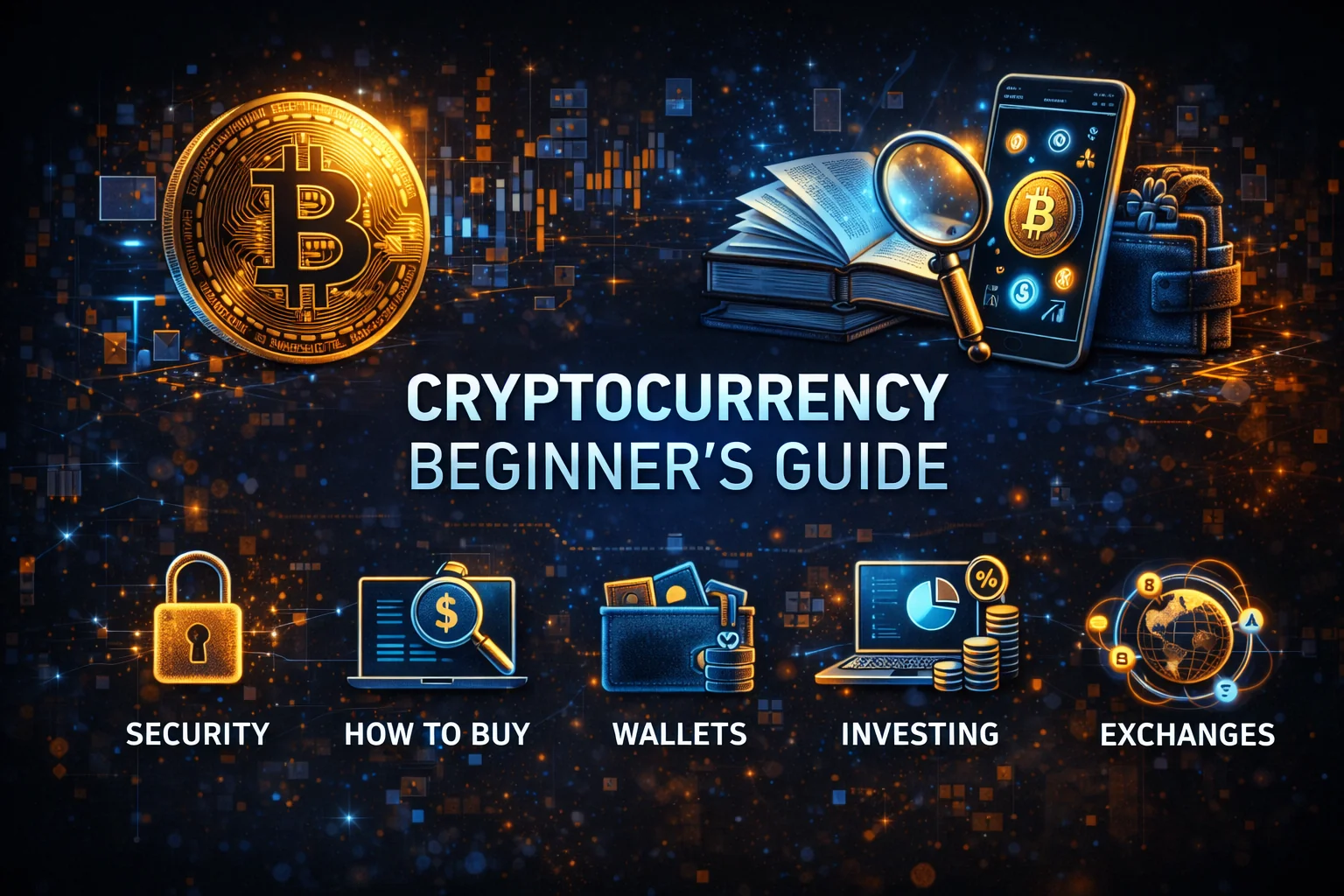 Cryptocurrency for beginners guide showing Bitcoin, blockchain technology, wallets, and basic concepts