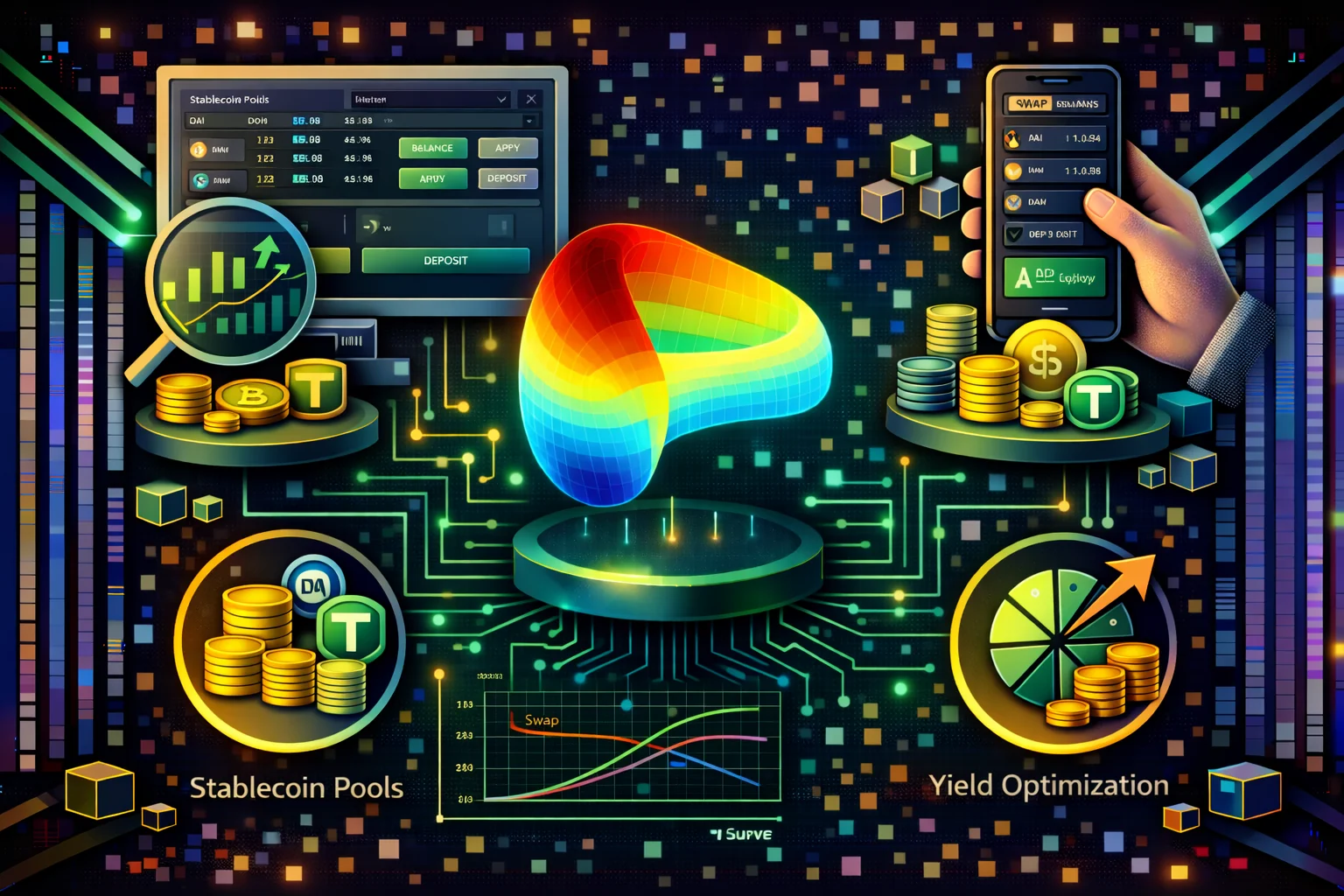 Curve Finance DEX interface showing stablecoin pools and trading