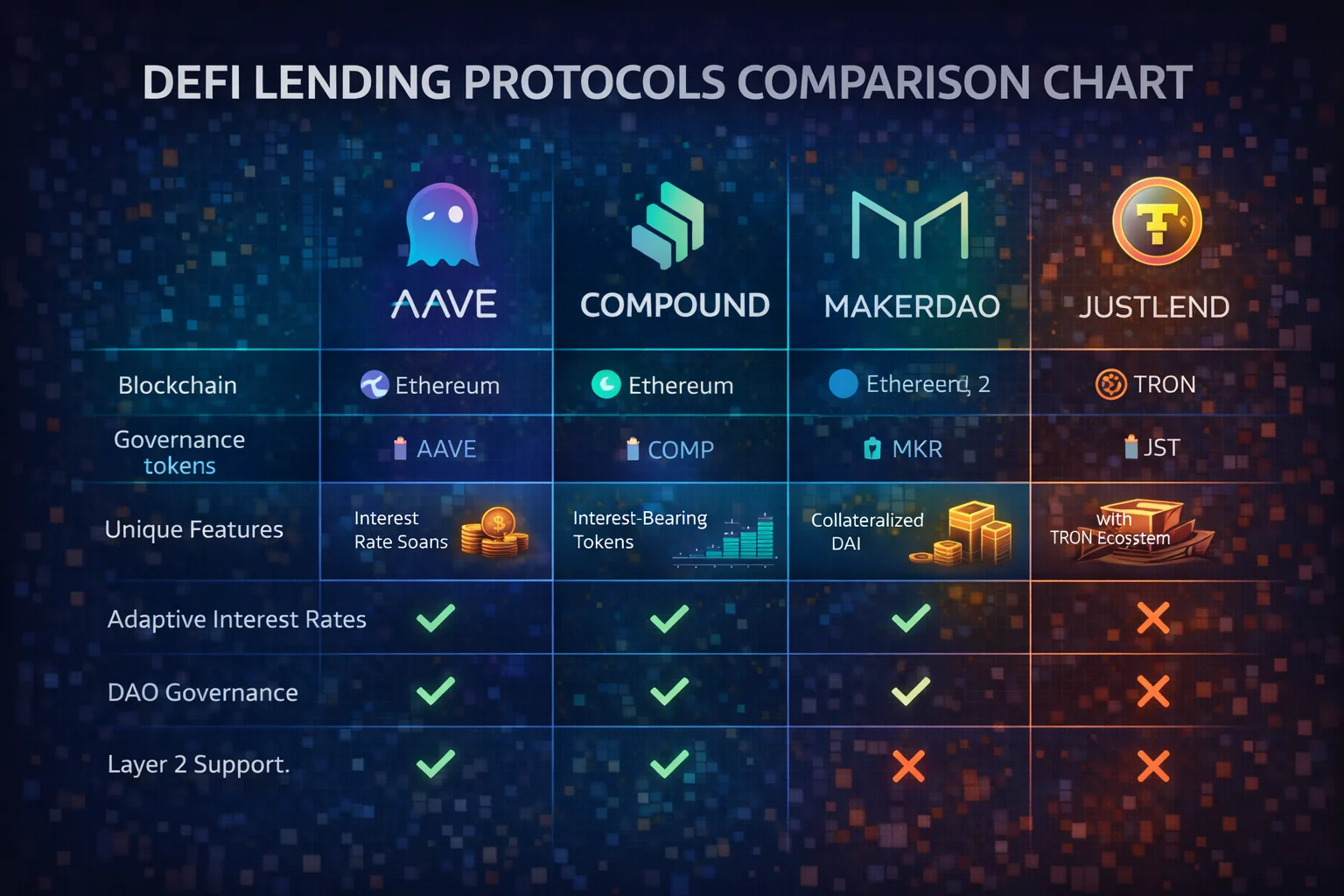 Bar chart comparing Aave, Compound, and Nexo across key metrics including TVL, interest rates, and security ratings