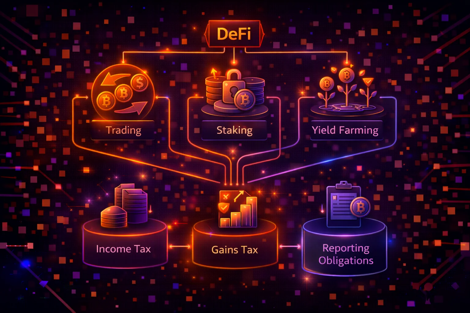 Diagram showing tax implications of various DeFi activities like yield farming and liquidity provision