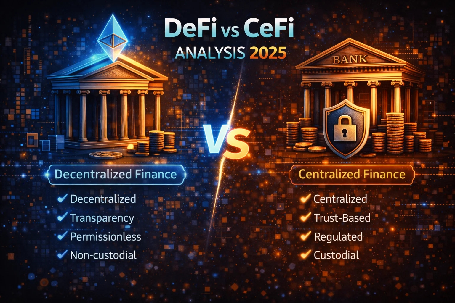 DeFi vs CeFi analysis comparison showing decentralised and centralised finance platforms, yields, and risk factors