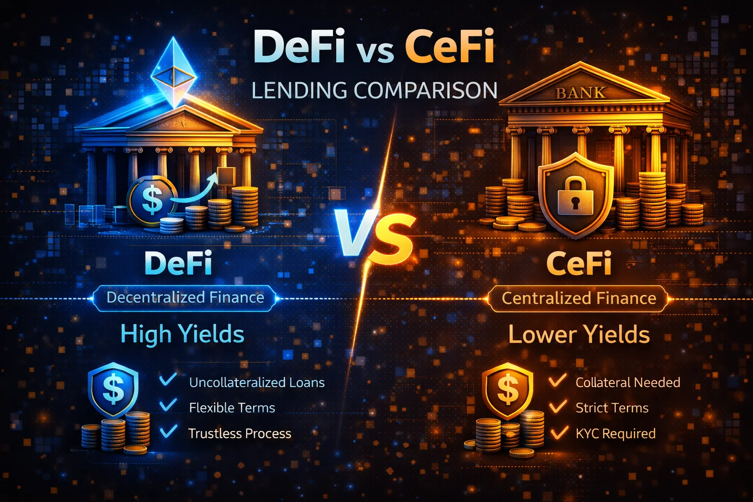 DeFi vs CeFi lending comparison showing decentralised and centralised crypto lending platforms, rates, and security models