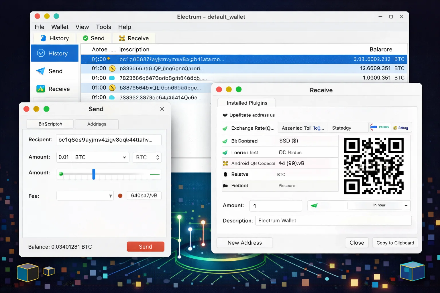 Electrum Bitcoin wallet interface showing transaction management and security features