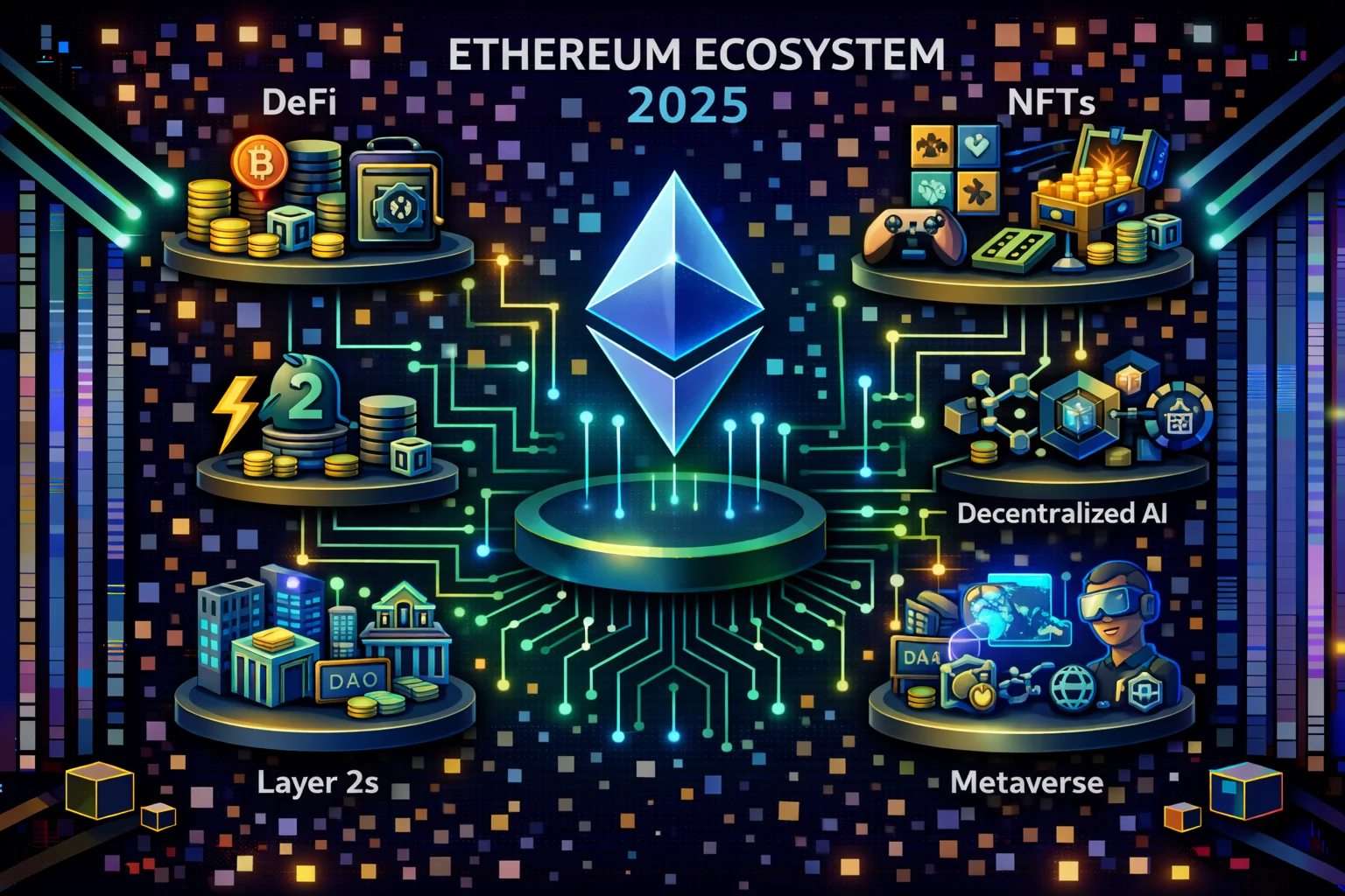 Ethereum ecosystem overview showing DeFi protocols, Layer 2 solutions, and smart contracts