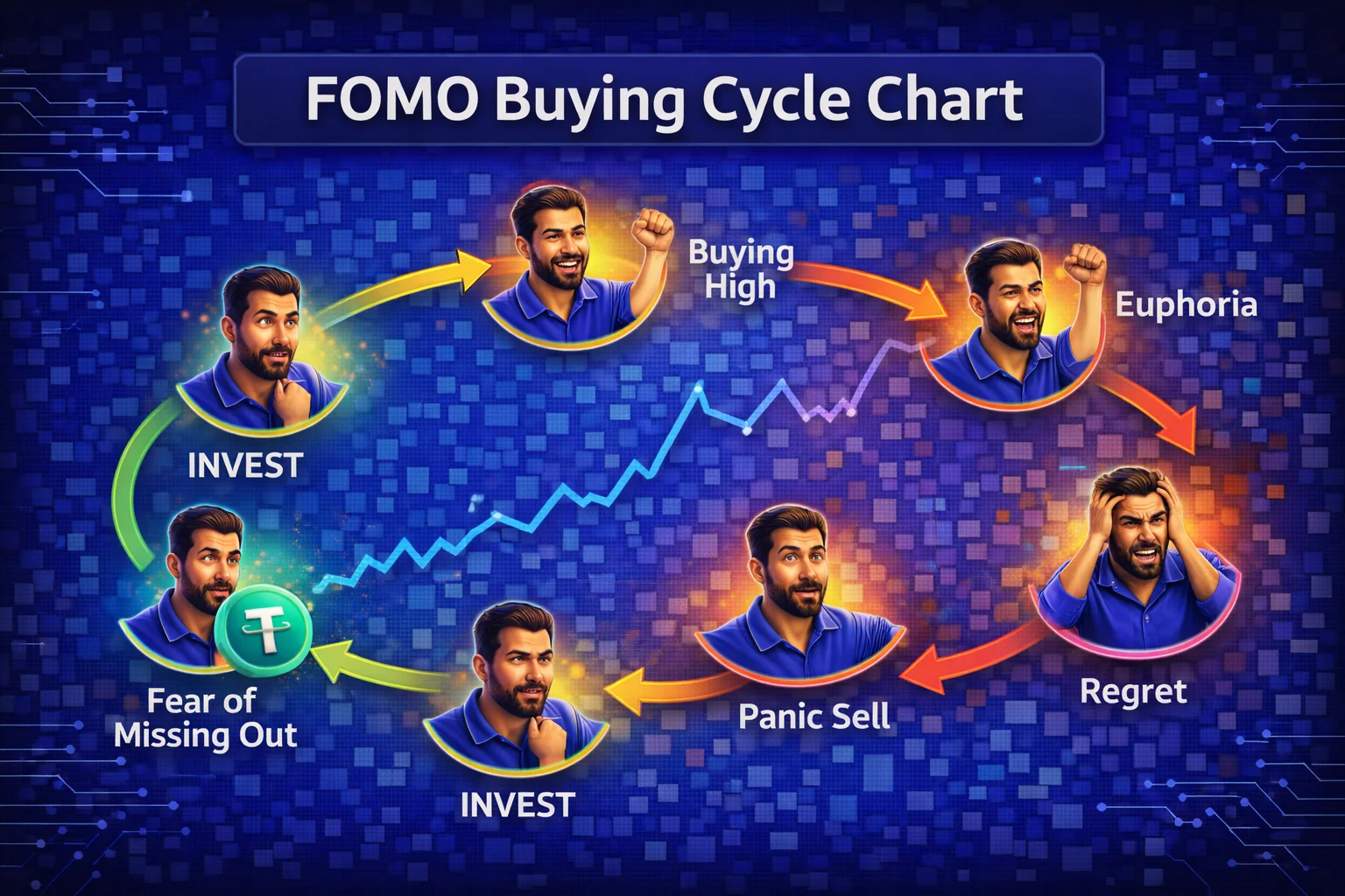 FOMO buying cycle chart showing market peaks, emotional buying decisions, and price corrections