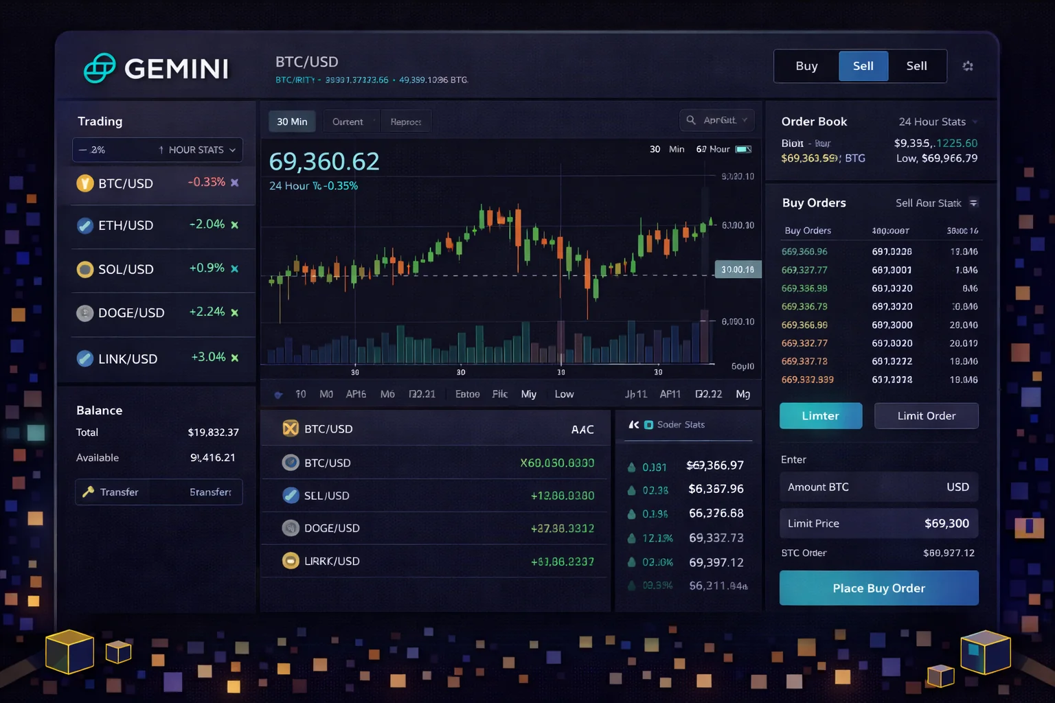 Gemini ActiveTrader interface showing advanced trading tools and order types