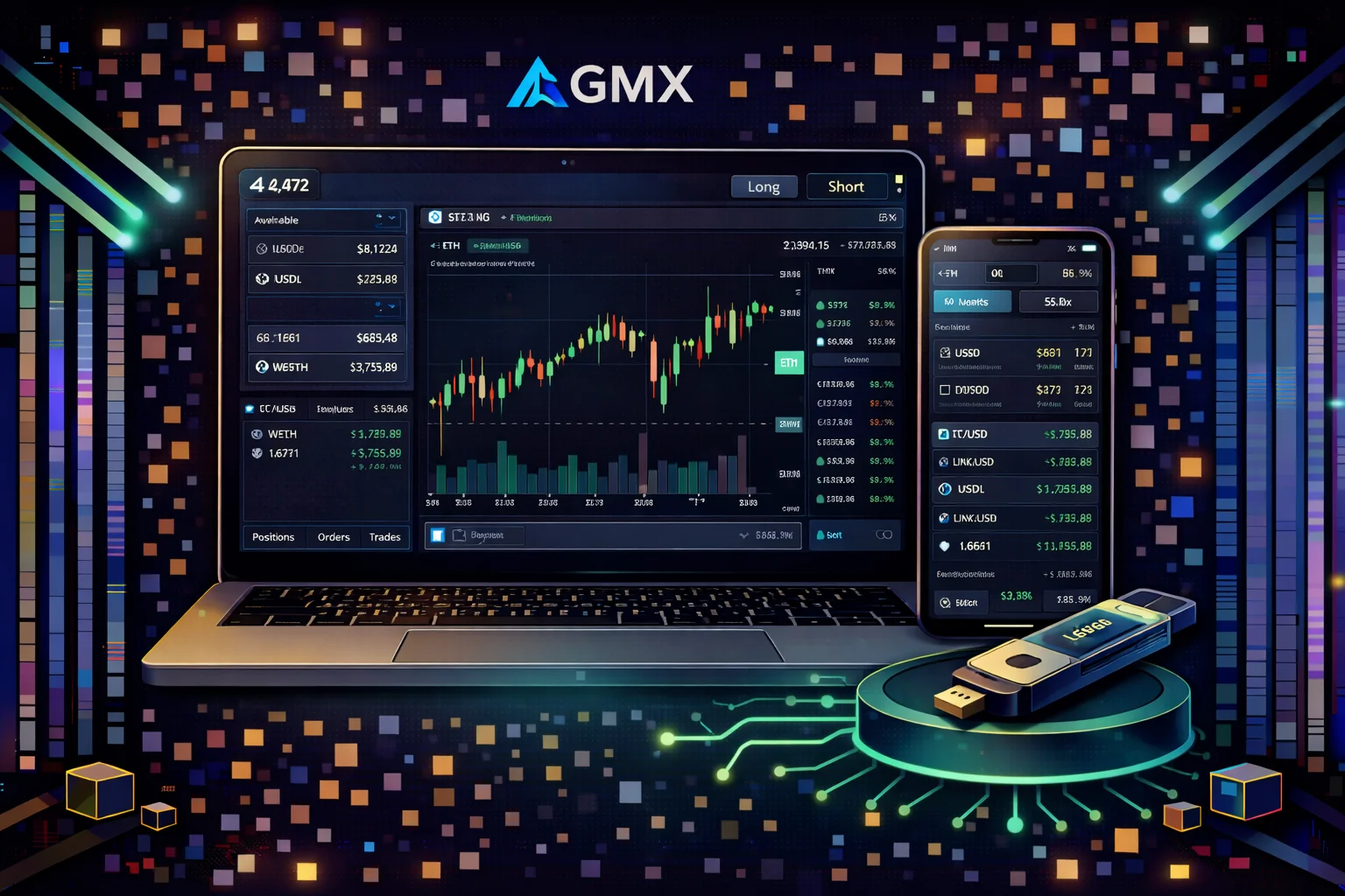 GMX decentralised exchange interface showing perpetual futures trading and GLP liquidity pool