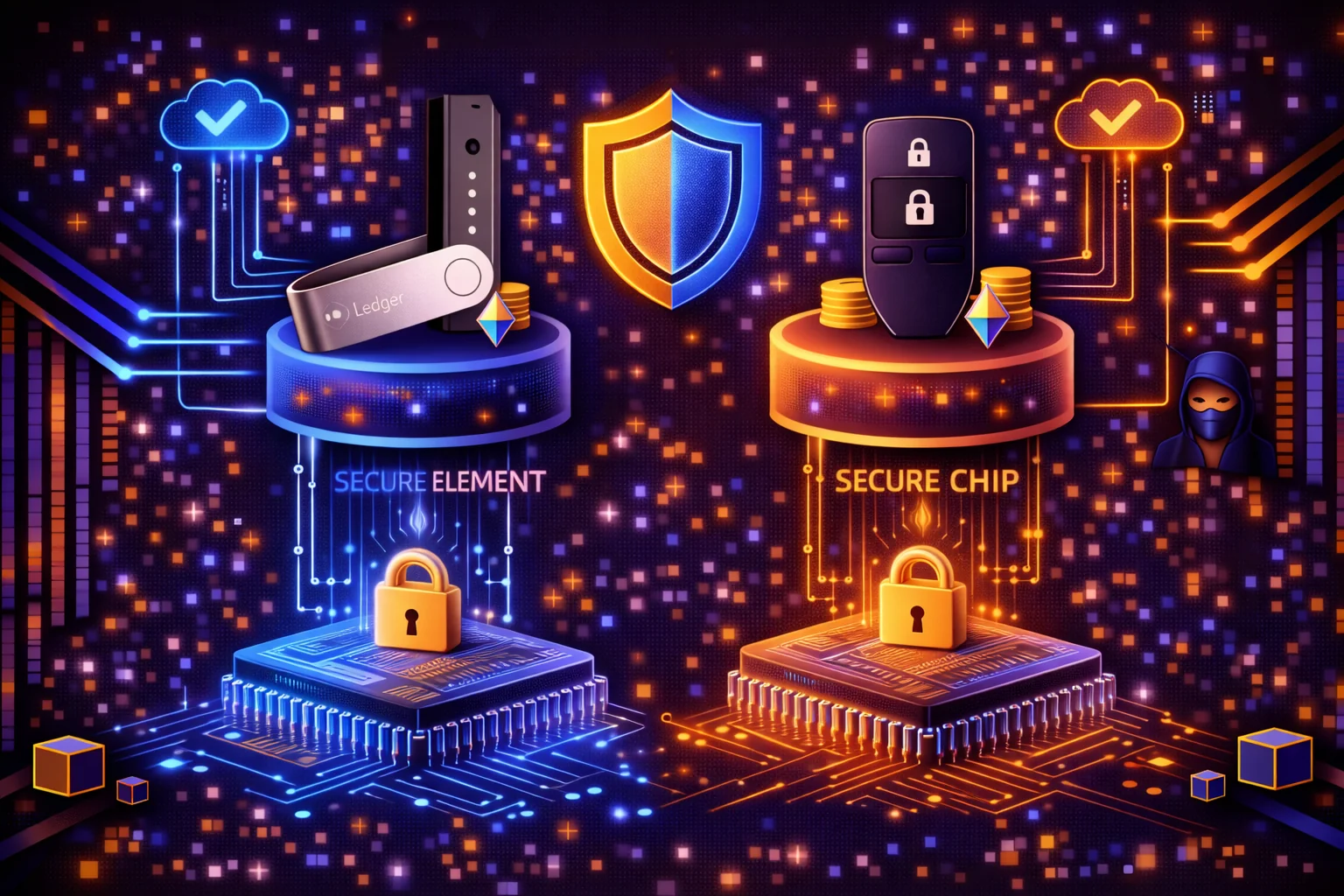 Detailed diagram showing Trezor and Ledger security architecture differences