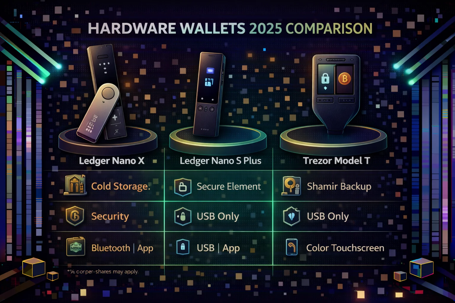 Best hardware wallets 2025 comparison showing Ledger, Trezor, and Tangem security features and specifications