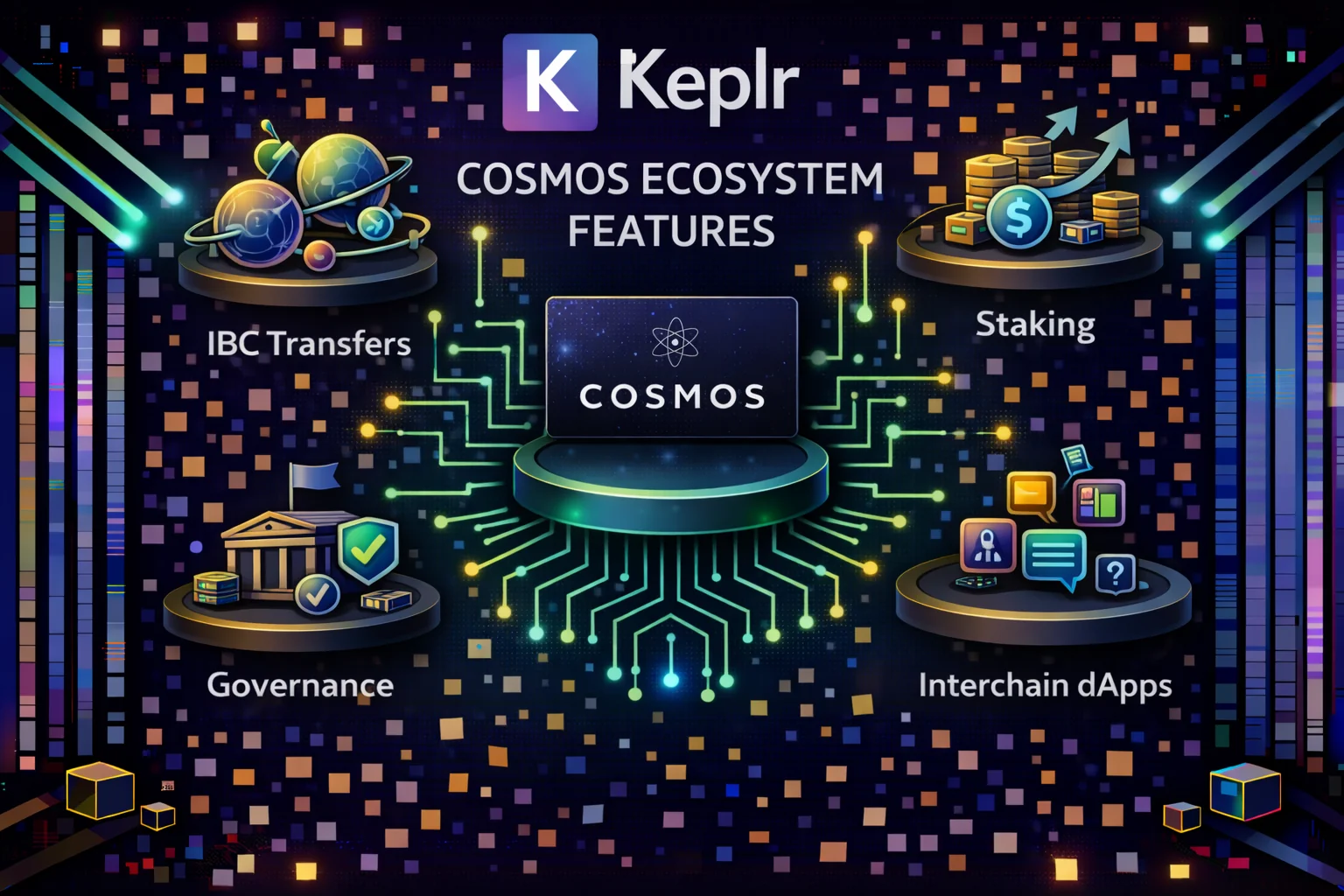 Keplr wallet core features including IBC transfers, staking, and governance across the Cosmos network