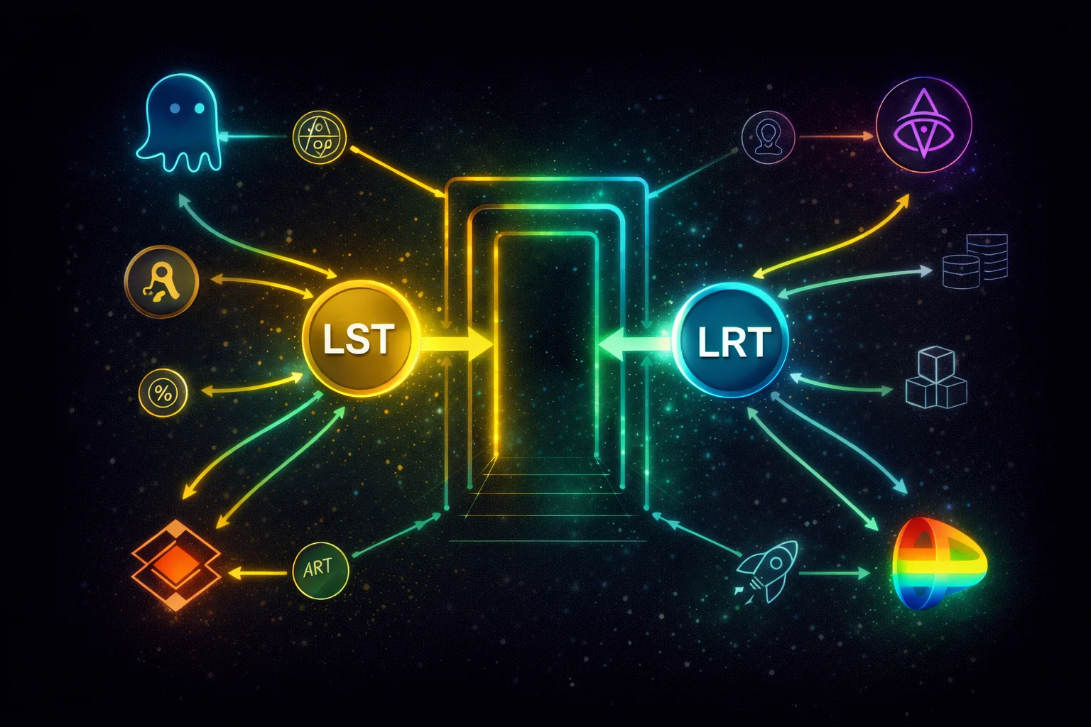 Liquid staking yield strategies overview showing LST and LRT token flows across DeFi protocols in 2026