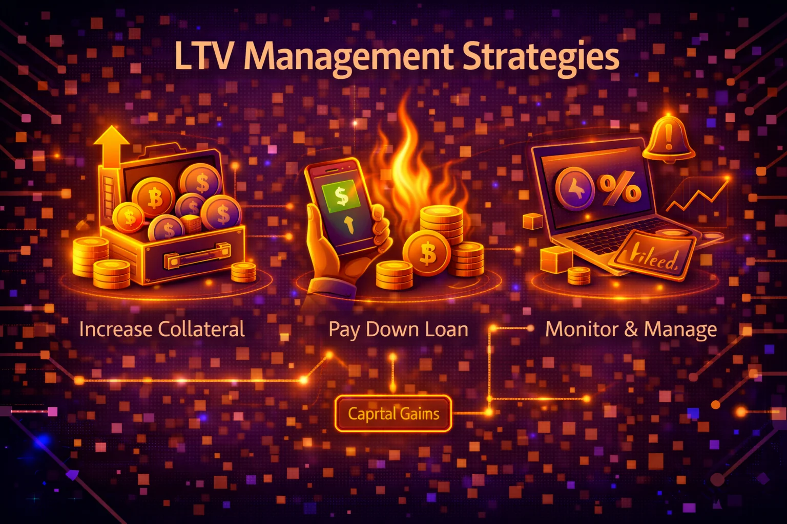 LTV management strategies diagram showing safe zones, warning levels, and liquidation thresholds
