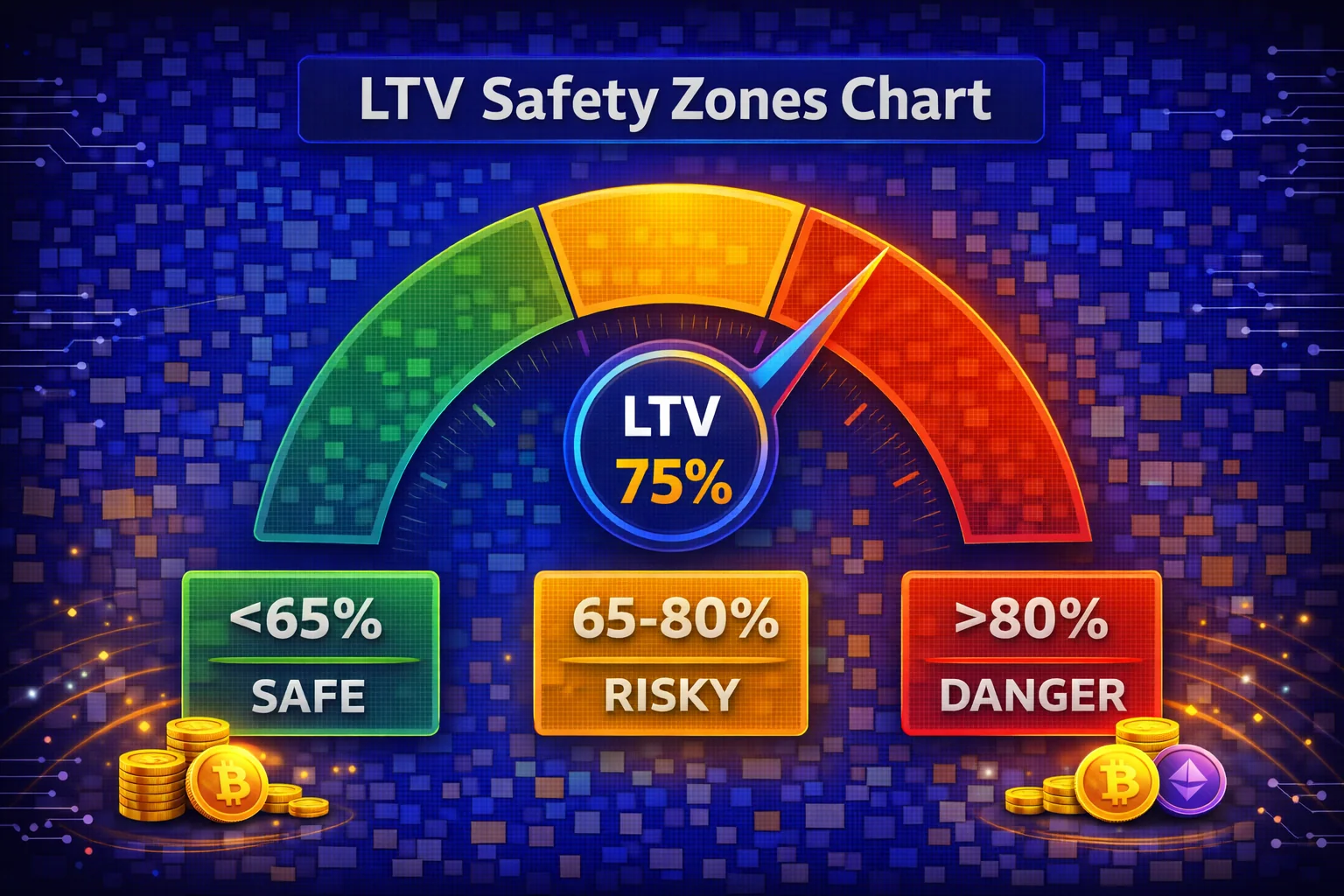 LTV safety zones chart showing conservative, moderate, and aggressive LTV ranges with risk levels and liquidation distances