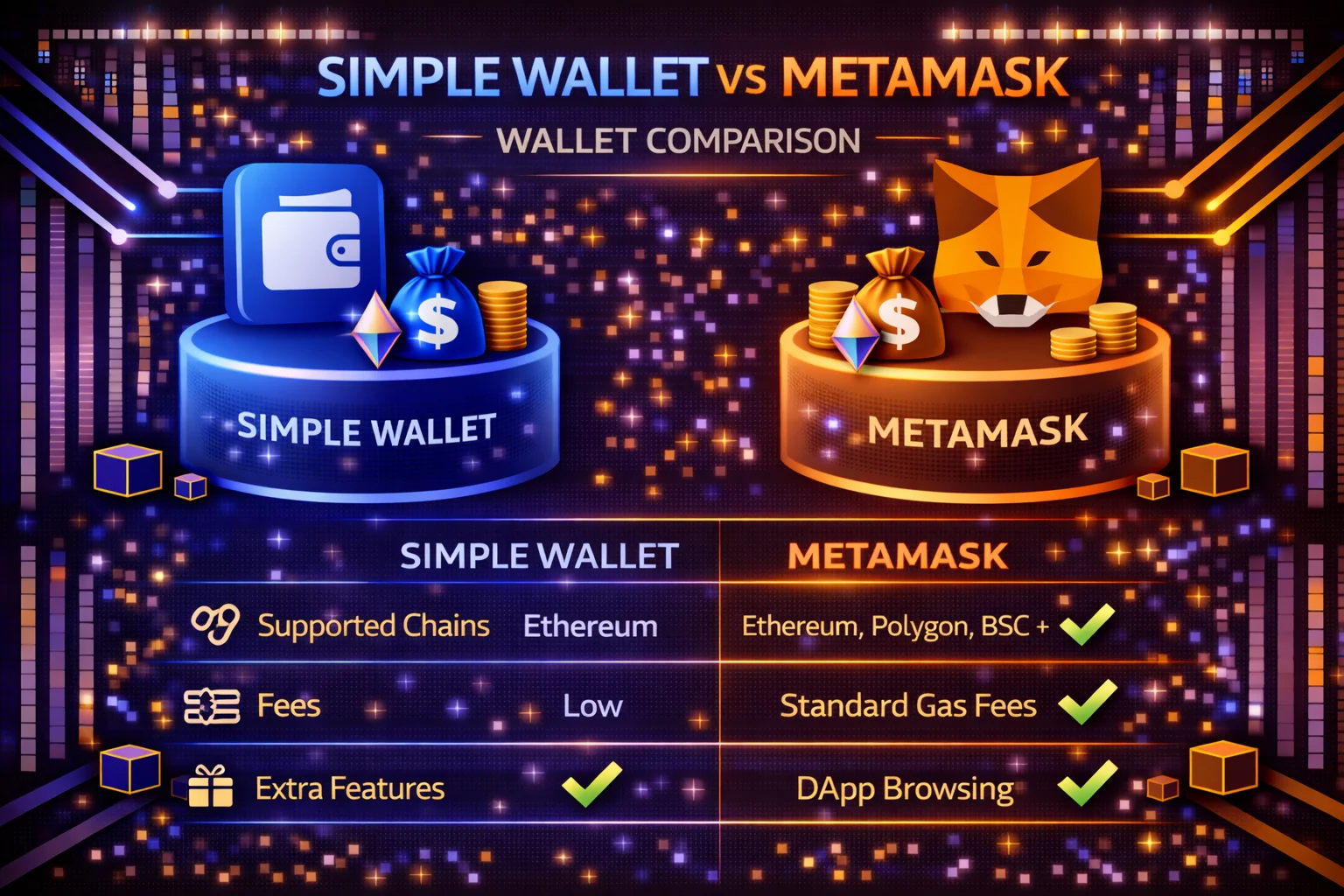 Simple Wallet vs MetaMask interface comparison showing features, security, and usability differences