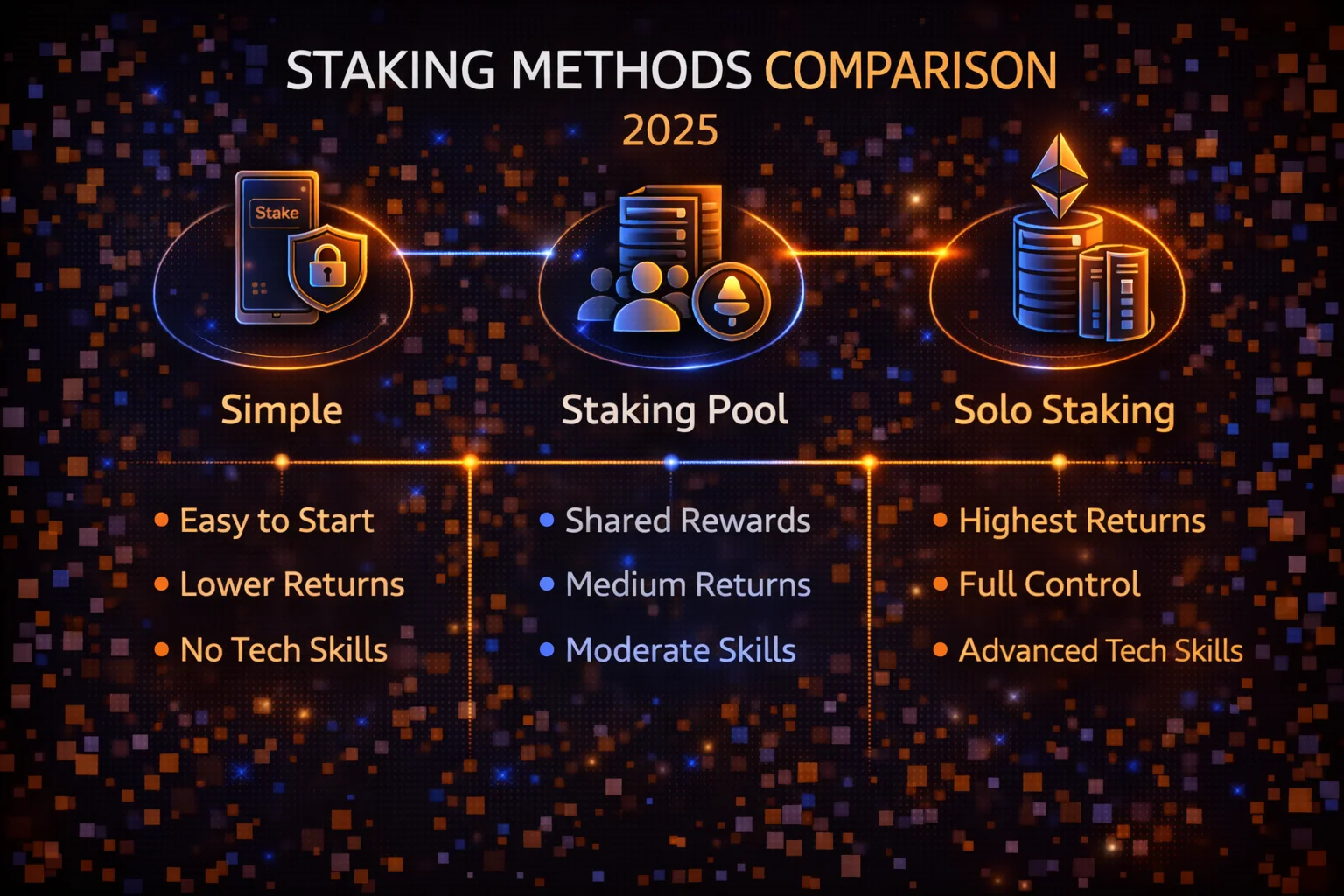 Comparison of different crypto staking methods showing pros, cons, and suitability for different user types