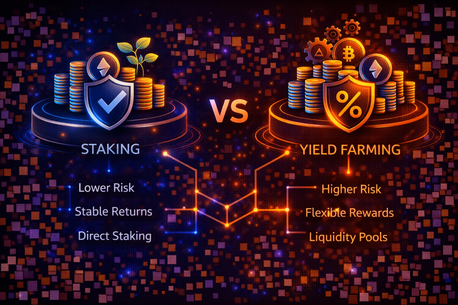 Comprehensive comparison of staking and yield farming strategies showing risks, rewards, and implementation approaches