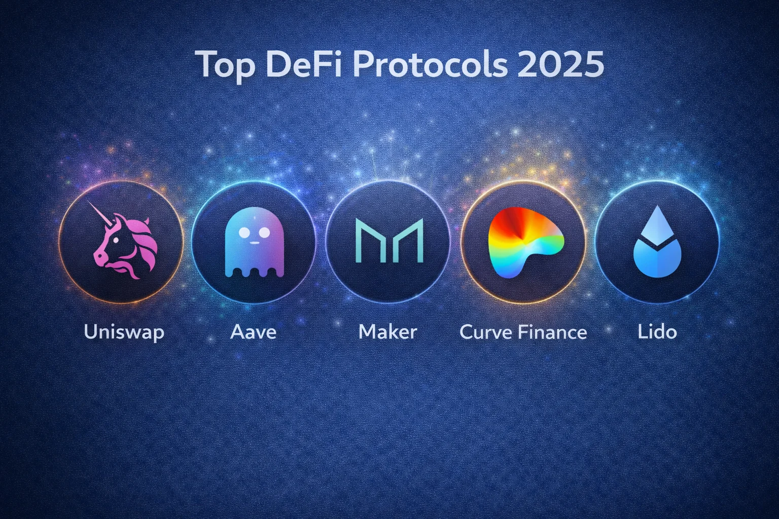 Top established DeFi protocols including Aave, Uniswap, Compound, and MakerDAO