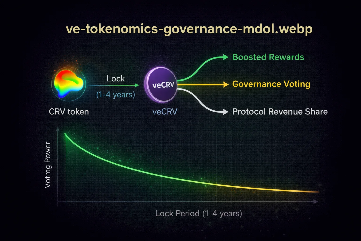 Vote-escrow tokenomics governance model showing lock mechanics and voting power decay