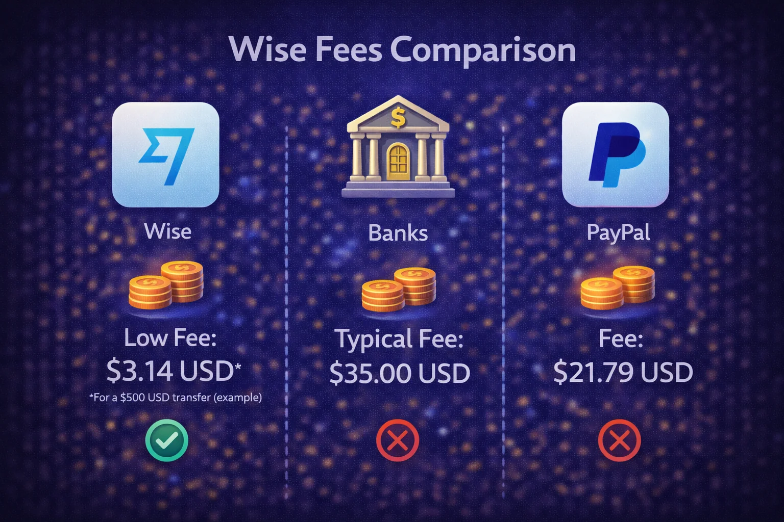 Comparison chart showing Wise fees versus traditional bank transfer costs and exchange rate markups