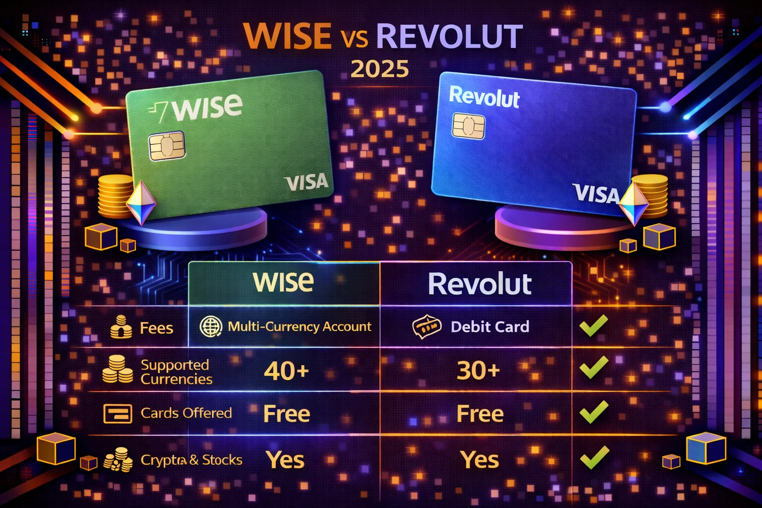  Wise vs Revolut features comparison showing international transfers, cards, and banking services
